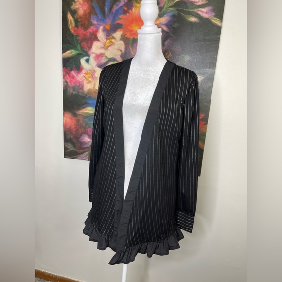 Bcbg generation Black Tuxedo Wrinkle Free Blazer in White Striped Ruffle Trim S - Picture 3 of 10